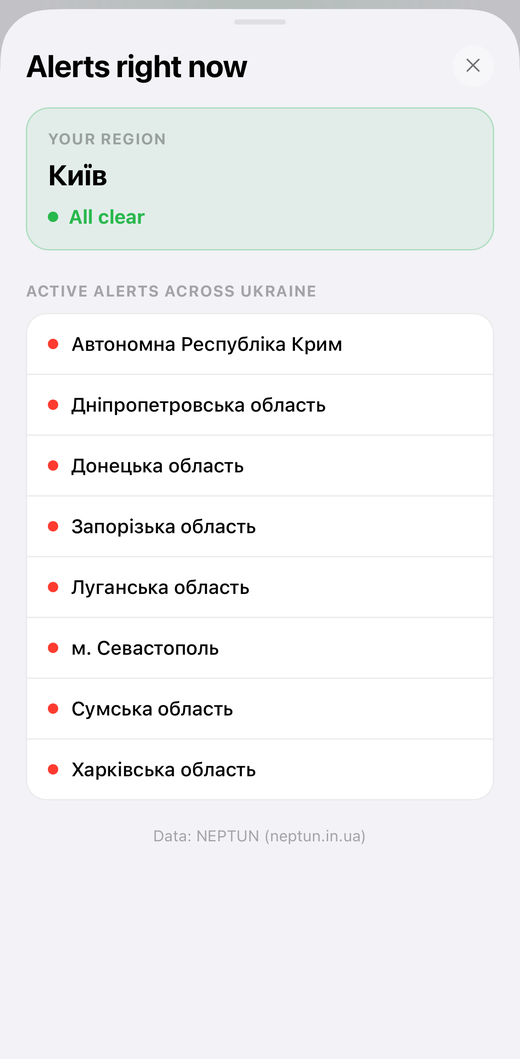 Alerts right now screen — active air-raid alerts by region