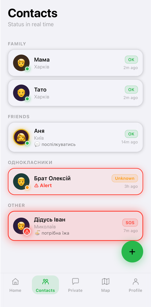 Contacts screen — real-time status of your family