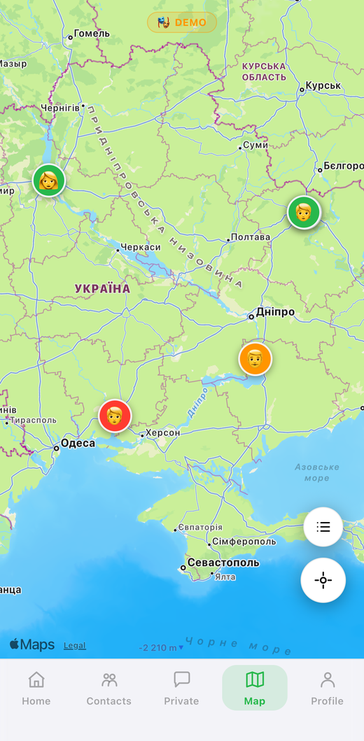 Map with contacts' statuses across Ukraine, color-coded markers