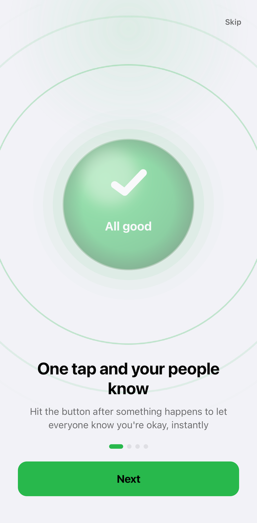 Onboarding screen — one tap and your people know