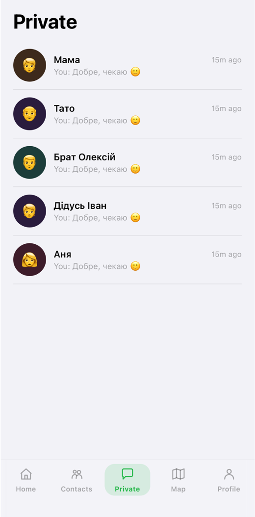 Private screen — 1:1 messages with your people