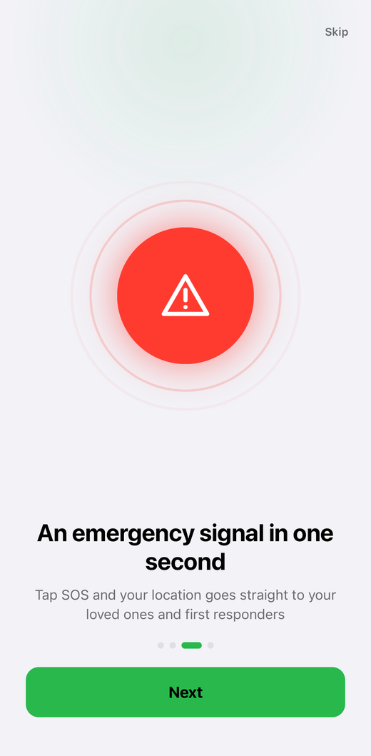 Onboarding screen — SOS sends an emergency signal instantly