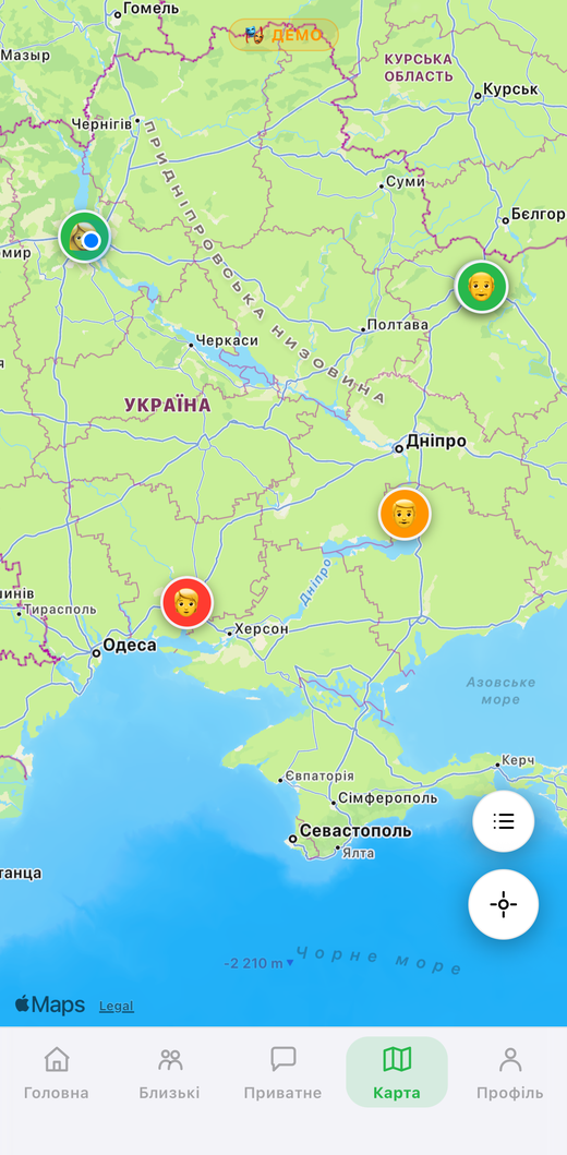 Мапа зі статусами близьких по Україні, кольорові позначки на карті